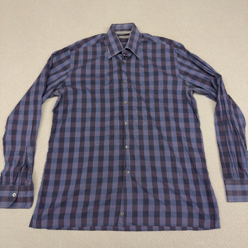 Canali Shirt Mens Large Purple Buffalo Check Button Down Lightweight Casual